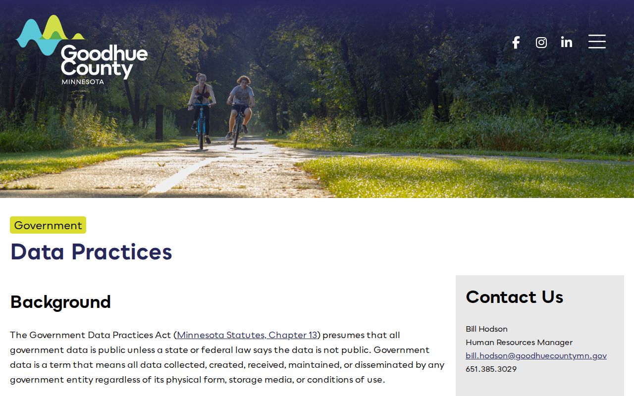 Goodhue County data practices page covering public access to warrant records and county files