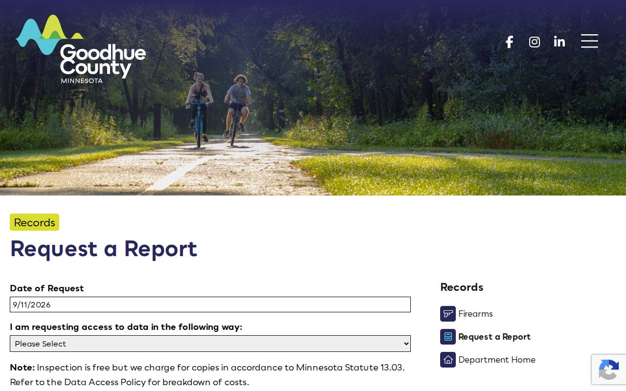 Goodhue County Sheriff data request form for copies of a warrant record