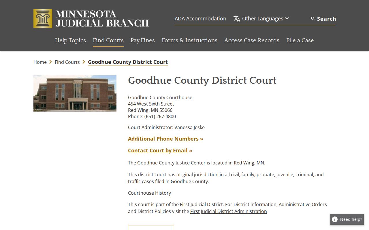 Goodhue County District Court page for issuing arrest warrants and bench warrants