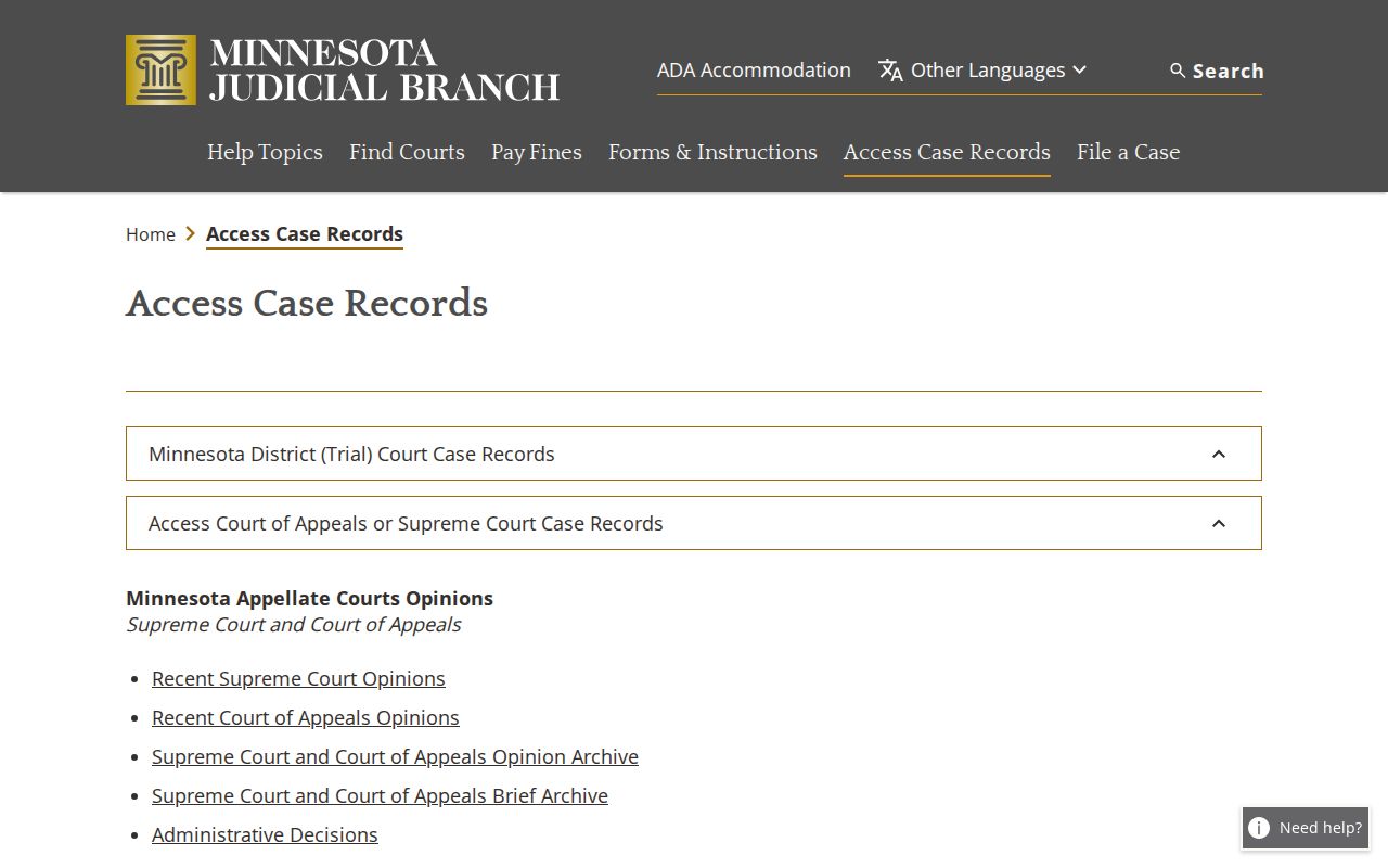 Minnesota court record access page for locating a Goodhue County bench warrant case