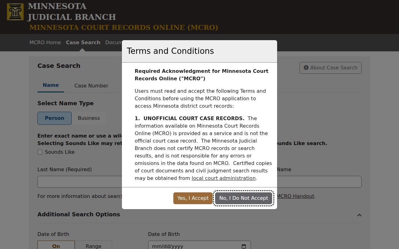 Minnesota court case search form used for a Goodhue County warrant lookup