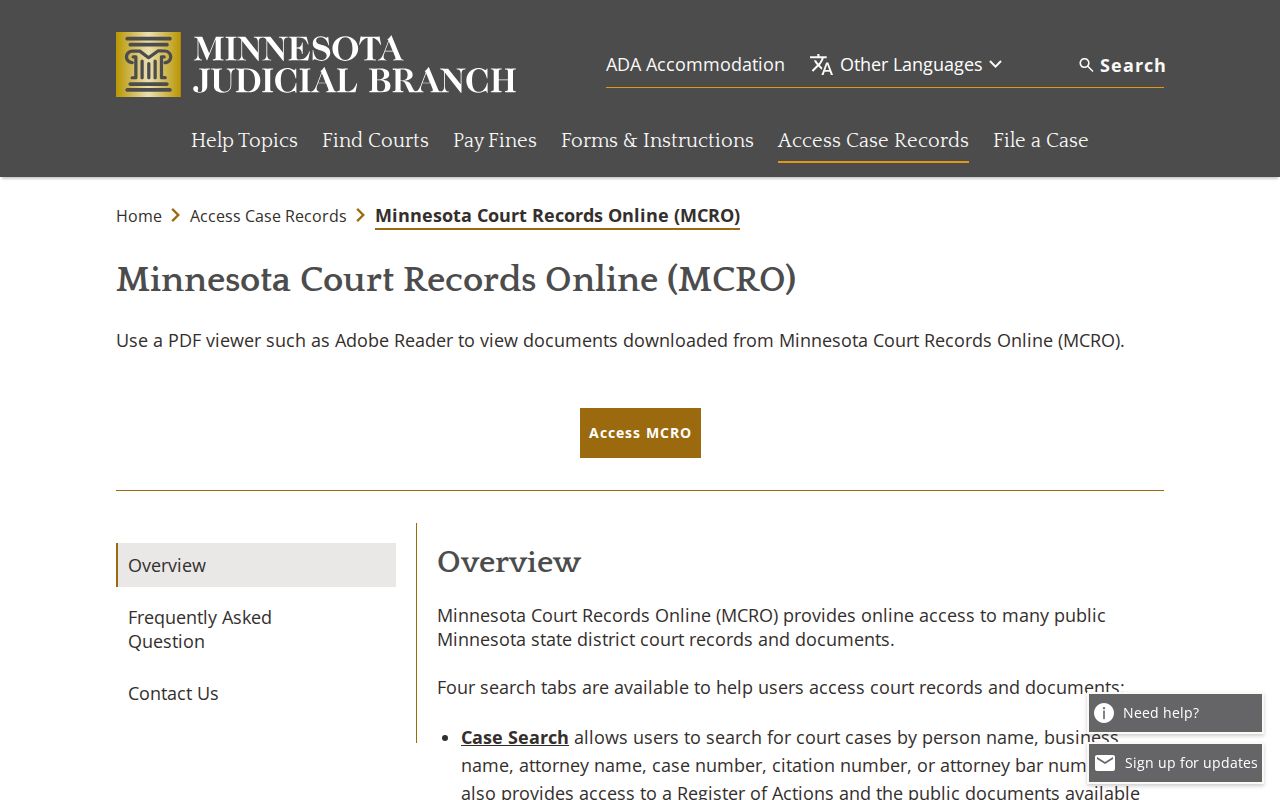 Minnesota court records guidance page explaining limits on Goodhue County warrant searches
