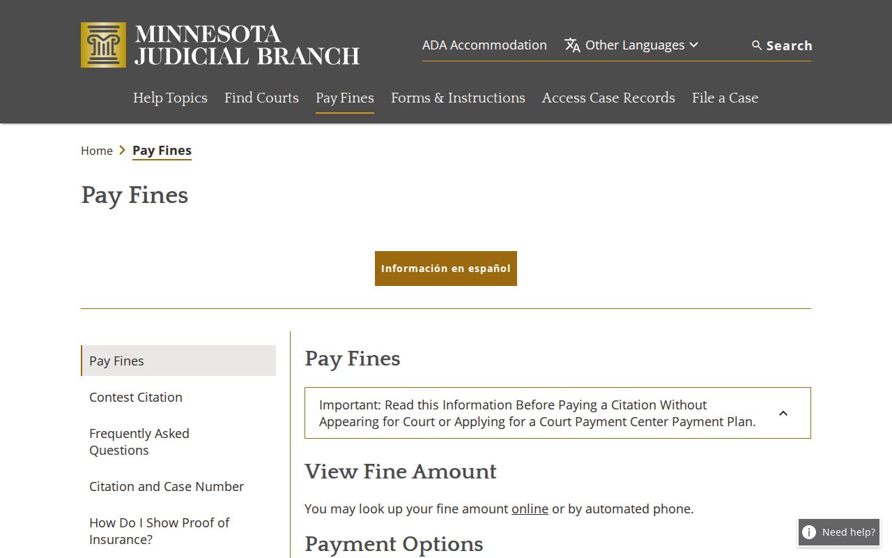 Minnesota Pay a Fine page used for Goodhue County traffic warrant citations and fines