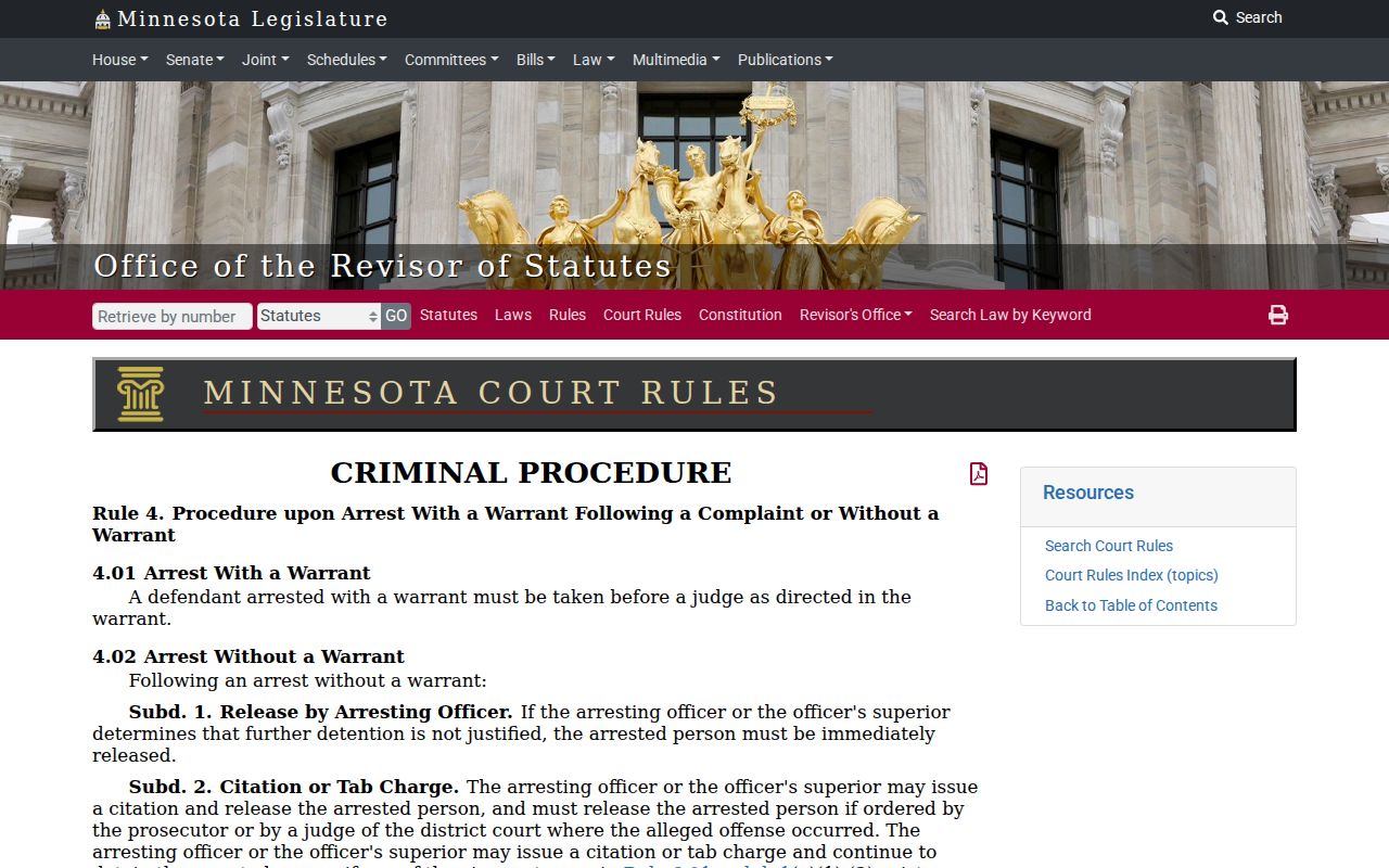 Minnesota Rules 4 and 6 covering appearance and release after an arrest warrant in Goodhue County