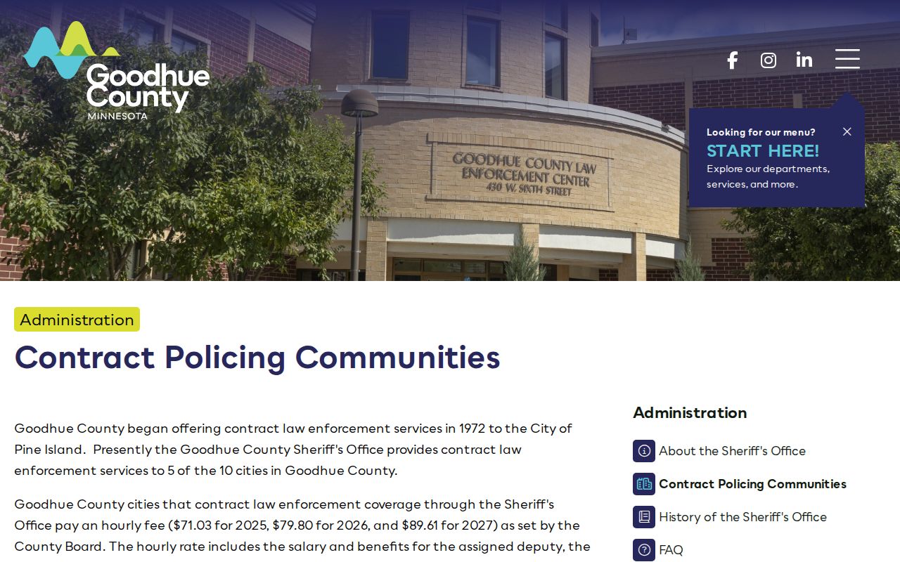 Goodhue County contract policing communities page with Pine Island warrant service hours