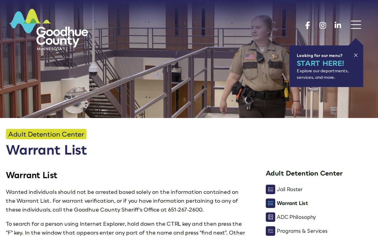 Goodhue County warrant list landing page for checking outstanding warrants