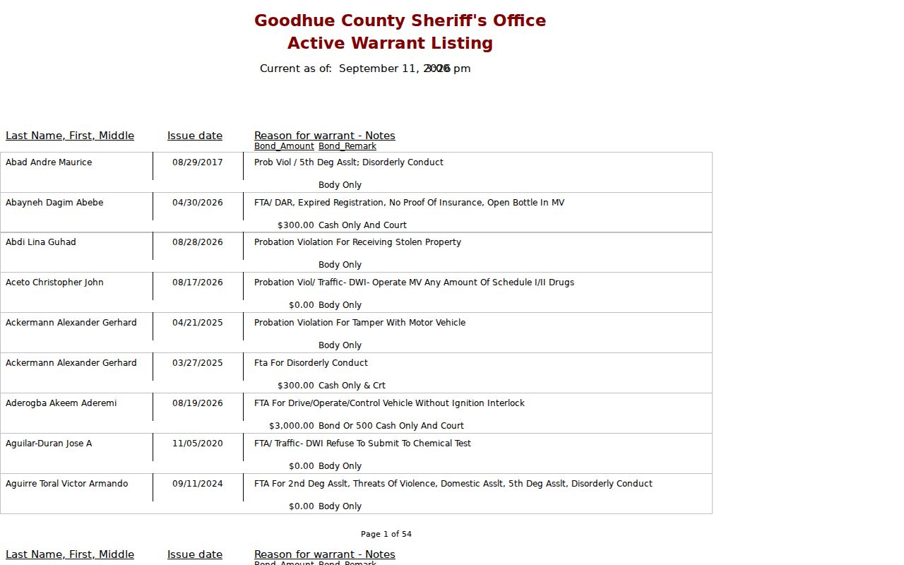 Active Warrant Listing table showing Goodhue County warrant rows, issue dates, and bond columns